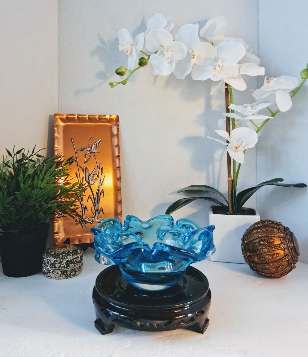 Vtg Murano Style Blue Art Glass Bowl; Ruffled 7" MCM with Polished Pontil